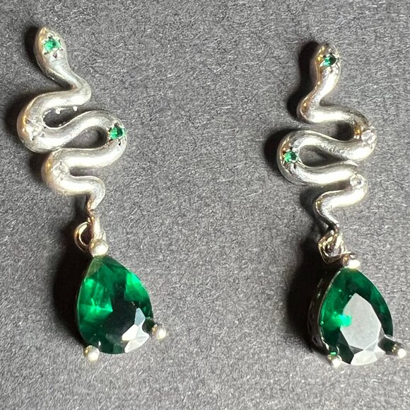 Sterling Silver Year of the Snake Drop Earrings w/Green Gemstone - Picture 4 of 5